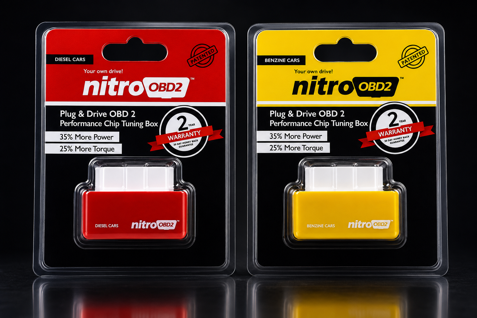 Nitro OBD2 retail packaging — Diesel (red) and Benzine (yellow) blister packs