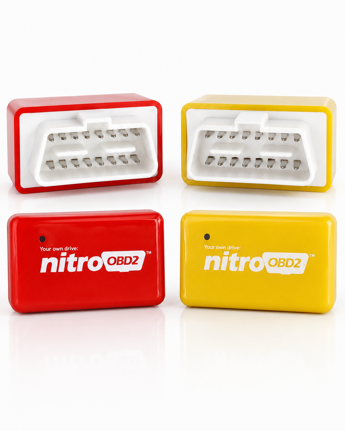 Nitro OBD2 tuning chip — Gasoline (yellow) and Diesel (red) variants, front and OBD2 connector view