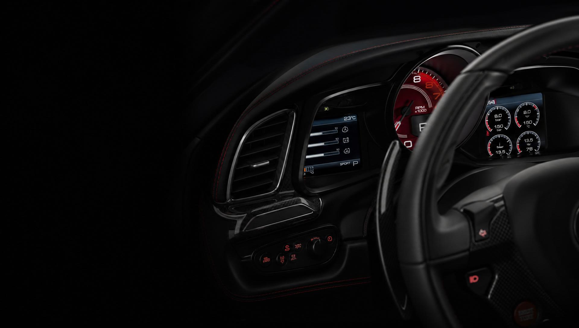 Modern Ferrari cockpit with illuminated tachometer and digital gauges